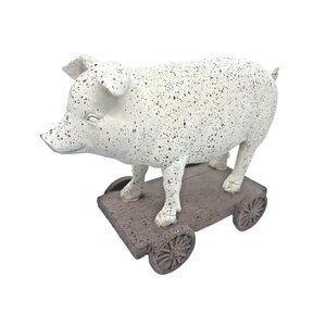 Kitchen Pig On Wheels Speckled White Home Decor BBQ Farmers Wooden Figurine